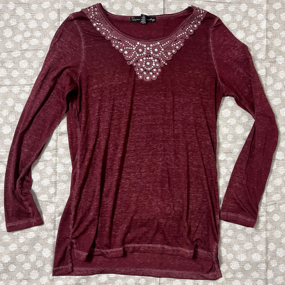 French Laundry Women's Maroon LS Rhinestone Lace Embellished Top Size Med‎